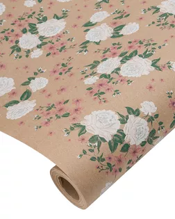 Крафт бумага Пионы белый на коричневом фоне, 720мм/60гр/10м +/- 5% арт. АРС-65608-1-АРС0001314926