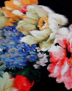 Ткань трикотажная плательная, цвет: на черном фоне розово-голубые цветы с акварельным эффектом арт. ГТ-9742-1-ГТ28-515-2-21-3