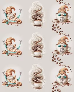 Полотно вафельное "Кофейные гномики" арт. ПВ150-409-1-0895.077 Полотно вафельное "Кофейные гномики" арт. ПВ150-409-1-0895.077