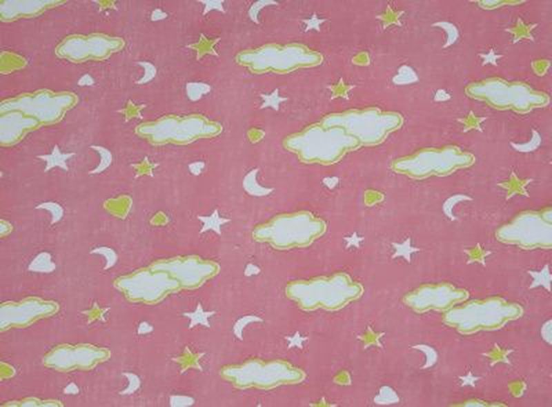 Футер 2-ниточный начес детская набивка Тучки, месяц, звездочки на розовом фоне (2176-1) арт. СОТ-656-1-СОТ0000656