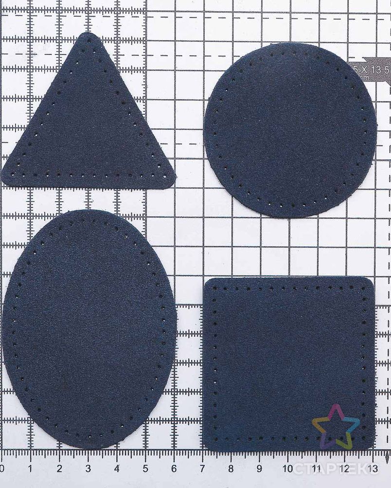 59723 Набор заплаток пришивных из замши, круг, квадрат, треугольник, овал 6см, с перфорацией, 4шт/уп (22 темно-синий) арт. АРС-58879-1-АРС0001292692 4