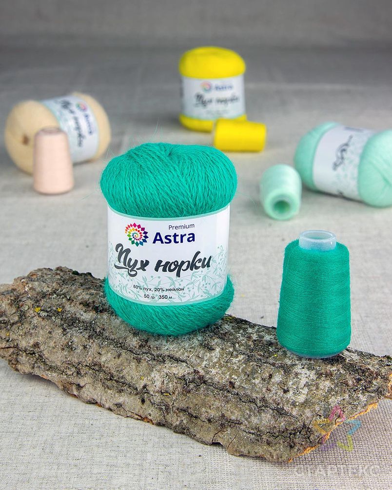 Пряжа Astra Premium 'Пух норки' (Mink yarn) 50гр 350м (80% пух, 20% нейлон) (нить 20гр в комплекте) (075 зеленая бирюз арт. АРС-33380-1-АРС0001239824 3
