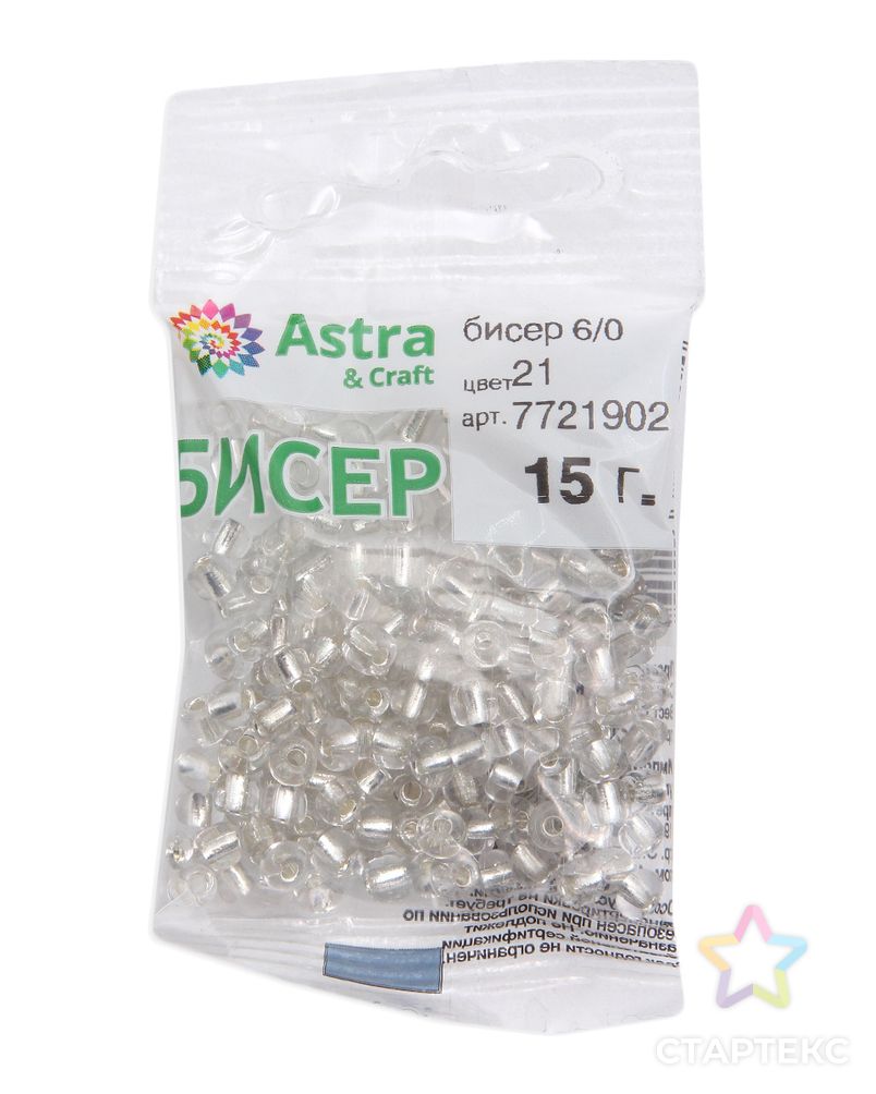 Бисер Astra&Craft 6/0, 15г (21 белый/прозр.серебрист.центр(круг.отв.)) арт. АРС-41894-1-АРС0001264492 3