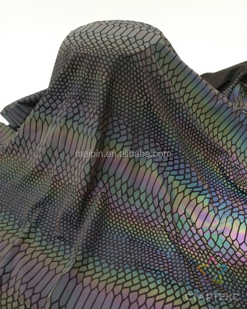 Эластичная полиэфирная Светоотражающая тянущаяся трикотажная ткань, черный радужный узор в виде змеи, отражающая ткань из спандекса с принтом для одежды арт. АЛБ-21-1-АЛБ001600056758419 2