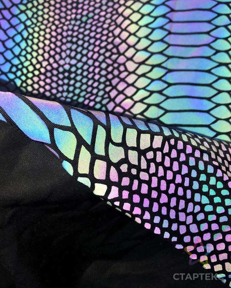 Эластичная полиэфирная Светоотражающая тянущаяся трикотажная ткань, черный радужный узор в виде змеи, отражающая ткань из спандекса с принтом для одежды арт. АЛБ-21-1-АЛБ001600056758419 4