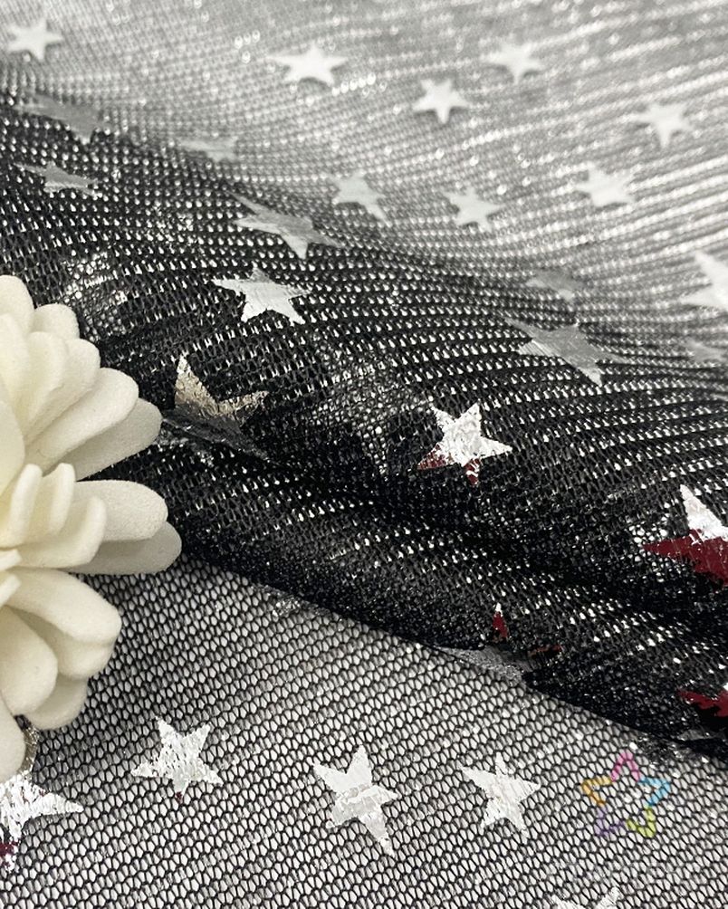 100% полиэстер, серебряный дизайн звезды, фольгированная ткань с принтом, сетчатая ткань для свадебного платья, вечернего платья арт. АЛБ-1118-1-АЛБ001600440640855 2