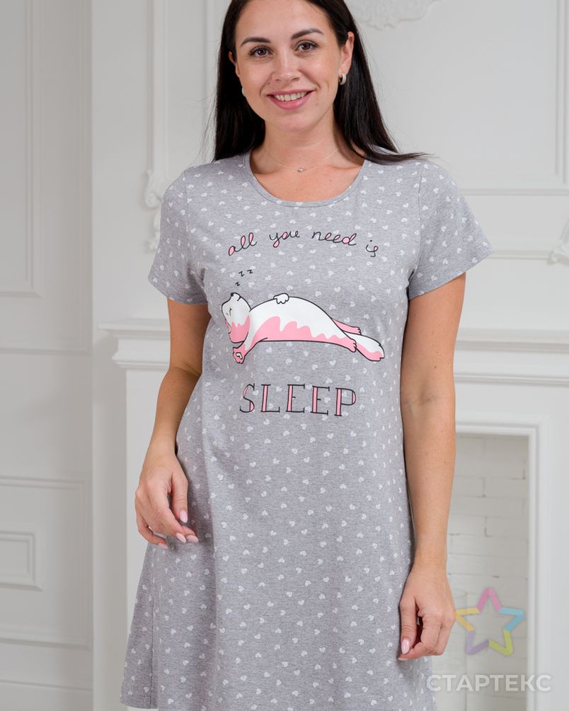 Ночная сорочка из кулирки Сиеста сердца на сером, All you need is sleep арт. АМД-3149-2-АМД18090324.00002 2
