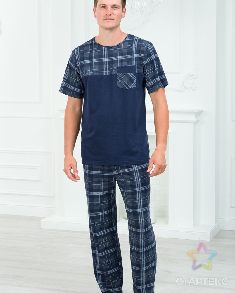 Пижама мужская из футболки с коротким рукавом и брюк из кулирки Макс темно-синяя клетка макси арт. АМД-3111-1-АМД18089640.00001 2