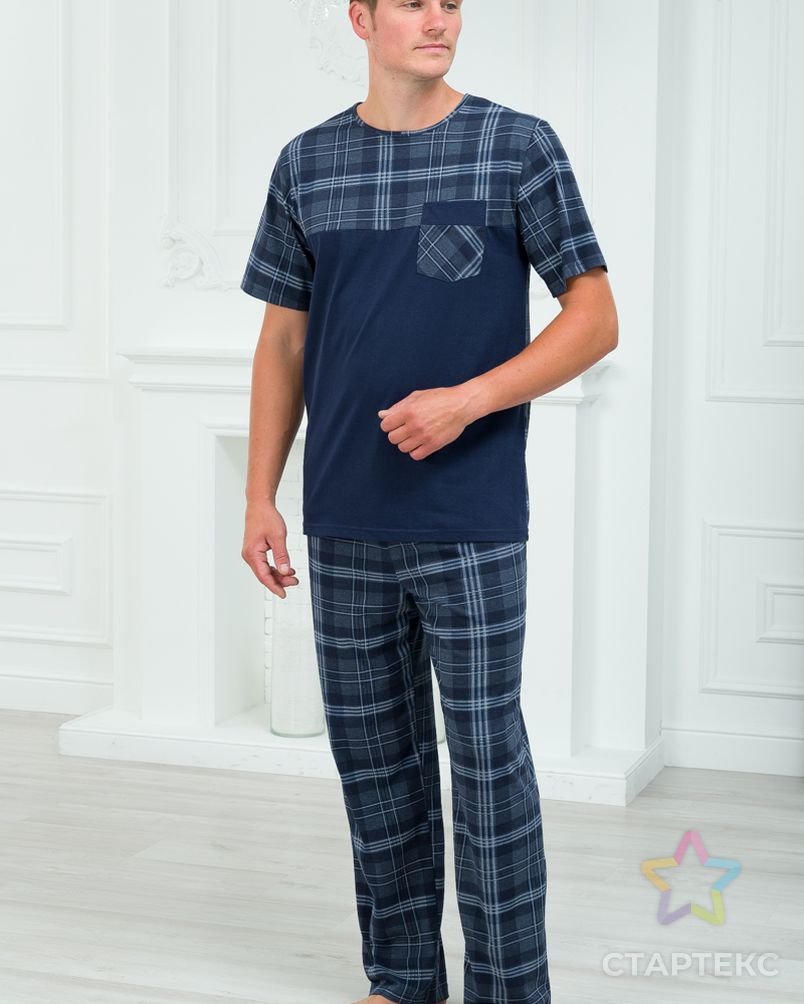 Пижама мужская из футболки с коротким рукавом и брюк из кулирки Макс темно-синяя клетка макси арт. АМД-3111-2-АМД18089640.00002 7