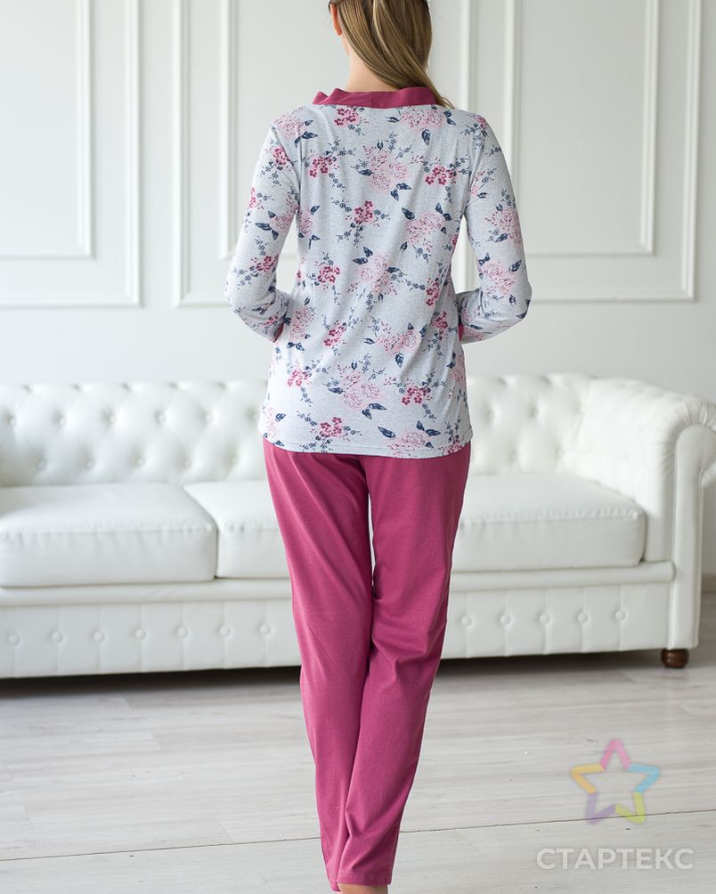 Пижама женская из жакета и брюк из кулирки Эльза цветы, брусничный арт. АМД-2258-2-АМД17965135.00002 3