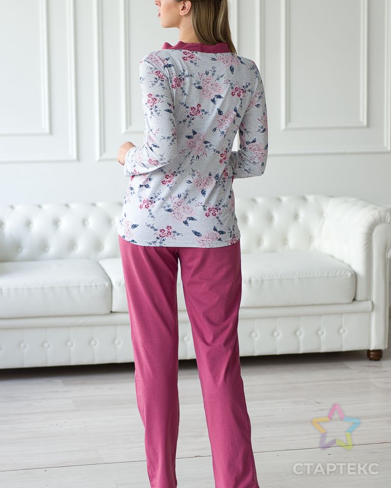 Пижама женская из жакета и брюк из кулирки Эльза цветы, брусничный арт. АМД-2258-2-АМД17965135.00002 4