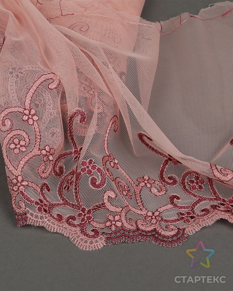 Кружево вышивка на сетке KRUZHEVO ш.22см 7,5м (розовый, правая) арт. МГ-113532-1-МГ1008743 3