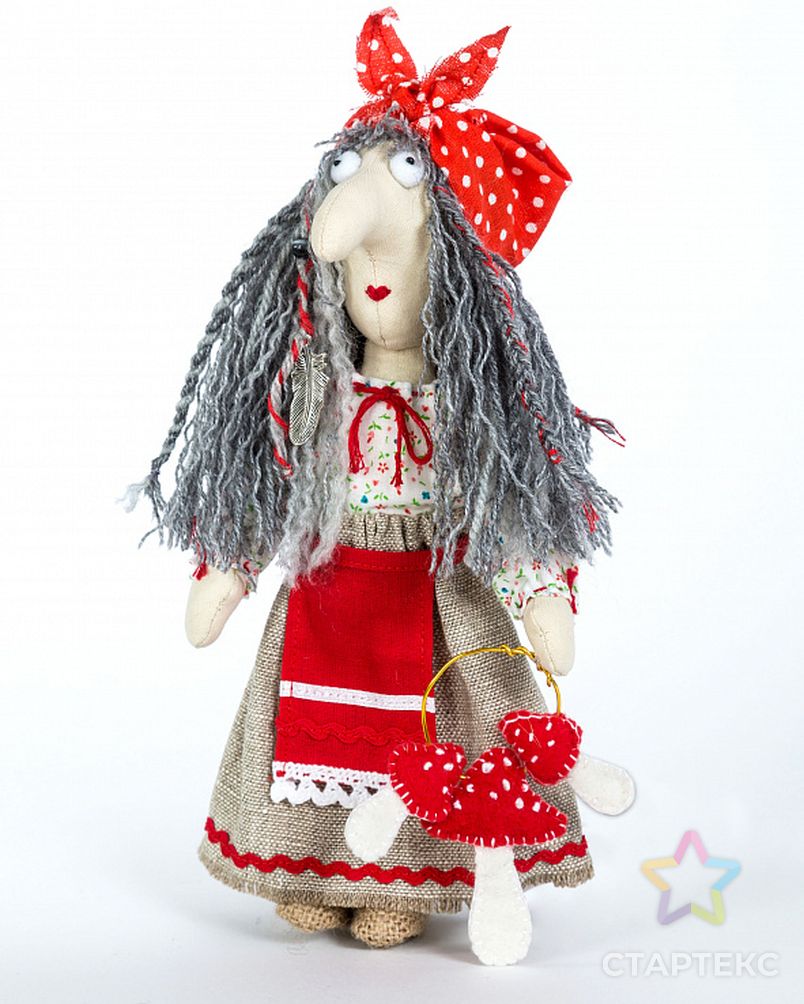 Набор для изготовления игрушки из льна и хлопка с волосами из пряжи "Баба Яга" 21 см арт. МГ-8763-1-МГ0632206