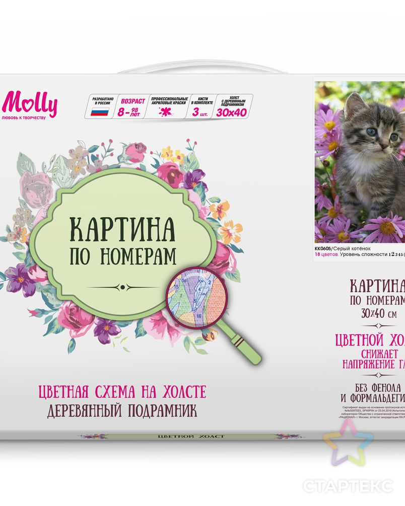 Картина по номерам с цветной схемой на холсте Molly Серый котенок (18 цветов) 30х40 см арт. МГ-96358-1-МГ0859777