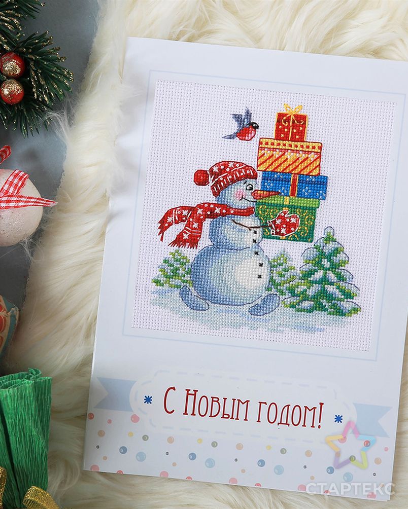 Набор для вышивания PANNA Открытка. Снеговик с подарками 11х11 см арт. МГ-112286-1-МГ1004314 2