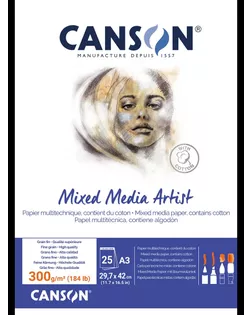 "Canson" Альбом для акварели Mixed Media Artist 60% хлопок, 40% целлюлоза 300 г/м2 A3 29.7 х 42 см склейка с одной стороны 25 л. C31415P005 мелкозернистая арт. ГММ-119453-1-ГММ139459131504
