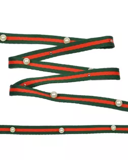 Тесьма-стропа Лампас с бусинами PB2 ш.1см цв.зеленый/красный (13.71м) арт. МГ-7887-1-МГ0601220