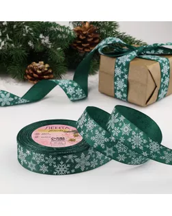 Лента репсовая «Праздничные снежинки», 25 мм, 23 ± 1 м, цвет зелёный/белый №0119 арт. СМЛ-261328-3-СМЛ0010324244