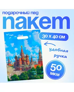 Пакет подарочный "Кремль", полиэтиленовый с вырубной ручкой, 30 х 40 см 50 мкм арт. СМЛ-237114-1-СМЛ0010364574