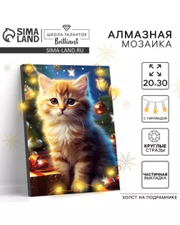 Алмазная мозаика на новый год с частичным заполнением на подрамнике «Котенок», 20 х 30 см, с гирляндой, набор для творчества арт. СМЛ-264041-1-СМЛ0010371488