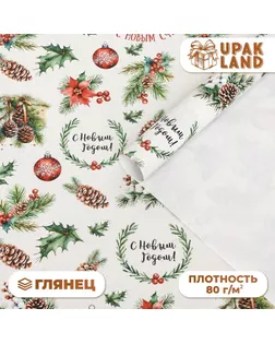 Бумага упаковочная новогодняя "Шишки", глянец, 80 г/м2 , 70 х 100 см арт. СМЛ-241382-1-СМЛ0010549245