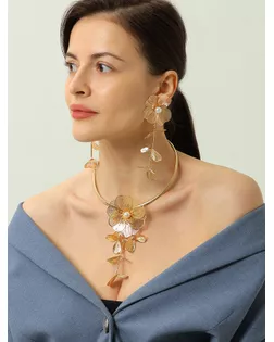 Набор 2 предмета: серьги, колье «Цветок» бусина и стразик, белый в золоте, d=14 см арт. СМЛ-270928-1-СМЛ0010826381