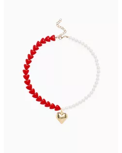 Бусы с жемчугом «Сердце» бусины, красно-белый в золоте арт. СМЛ-273561-1-СМЛ0010841106