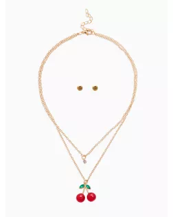 Набор 2 пред-та: пуссеты,кулон "Вишенка со стразинкой", цвет красный в золоте 50+40см. d4 арт. СМЛ-279633-1-СМЛ0010904614