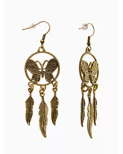 Серьги метал "Аутентичность" бабочка с перьями, цвет чернёное золото арт. СМЛ-280576-1-СМЛ0010904966