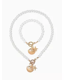 Набор 2 предмета: бусы. браслет «Жемчуг. Ракушка вонголе», L=18/42 см, №8, белый в золоте арт. СМЛ-282867-1-СМЛ0010936542