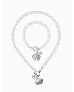 Набор 2 предмета: бусы. браслет «Жемчуг. Ракушка вонголе», L=18/42 см, №8, белый в серебре арт. СМЛ-282867-2-СМЛ0010936543