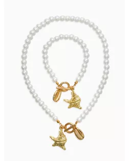 Набор 2 пред-та: бусы.браслет "Жемчуг", ракушка, цвет белый в золоте L=18/42см №8 арт. СМЛ-282594-1-СМЛ0010936551