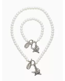 Набор 2 пред-та: бусы.браслет "Жемчуг", ракушка, цвет белый в серебре L=18/42см №8 арт. СМЛ-282595-1-СМЛ0010936552