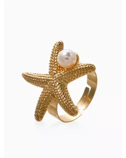 Кольцо "Морская звезда" с бусиной, безразмерное, цвет белый в золоте арт. СМЛ-282618-1-СМЛ0010937082