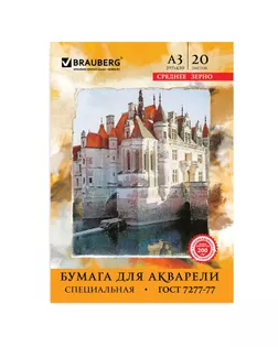 Папка для акварели А3, 297 х 420 мм, 20 листов, блок 200 г/м2, бумага по ГОСТ 7277-77 арт. СМЛ-173158-1-СМЛ0001929666