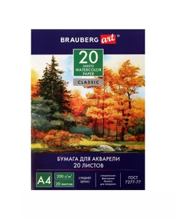 Папка для акварели А4, 210 х 297 мм, 20 листов, блок 200 г/м2, бумага по ГОСТ 7277-77 арт. СМЛ-173160-1-СМЛ0001929668