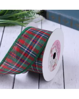 Лента из джута «Клетка», с люрексом, 50 мм, 4,5 ± 1 м, цвет красный/зелёный арт. СМЛ-21373-4-СМЛ0002290300
