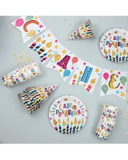 Набор бумажной посуды «С днём рождения. Праздничные свечи»: 6 тарелок, 6 стаканов, 6 колпаков, 1 гирлянда арт. СМЛ-52211-1-СМЛ0002865992