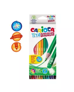 Карандаши 12 цветов Carioca "Tita Erasable", стираемые, 3.0 мм, шестигранные, пластиковые, с ластиком, картон, европодвес арт. СМЛ-220127-1-СМЛ0003044786