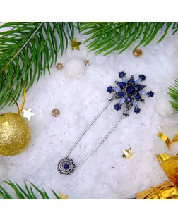 Булавка "Снежинка новогодняя" оригинальная, 7,5см, цвет синий в чернёном серебре арт. СМЛ-36822-1-СМЛ0003445925