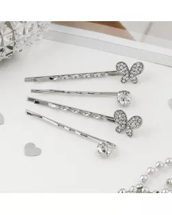 Невидимка для волос "Кварта" 5,5 см (набор 4 шт) две бабочки стразы, серебристые арт. СМЛ-12323-1-СМЛ3594539