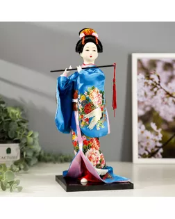 Кукла коллекционная "Японка в шелковом голубом кимоно с флейтой" 30х12,5х12,5 см арт. СМЛ-66471-1-СМЛ0004147022