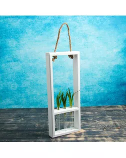 Кашпо деревянное с 3 вазами колбами 15 см "Рамка Экстра", ручка верёвка, белый Дарим Красиво арт. СМЛ-65695-1-СМЛ0004181770