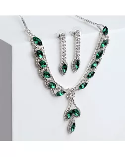 Набор 2 предмета: серьги, колье "Листопад" ромб, цвет изумрудно-белый в серебре арт. СМЛ-33731-2-СМЛ4306146