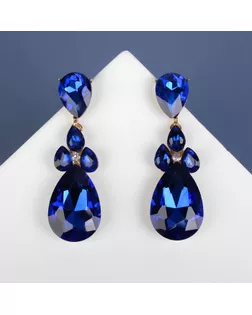Серьги висячие со стразами "Вечеринка" цветок из капель, цвет сине-белый в золоте арт. СМЛ-34271-1-СМЛ4326254