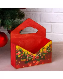 Кашпо деревянное "Конверт, Новогодний №4", деревянная ручка, красное, 20,5×18×6 см арт. СМЛ-121153-1-СМЛ0004406459