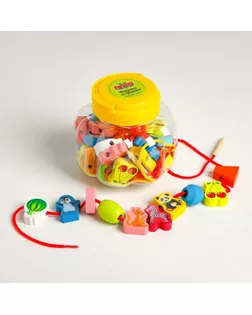 Шнуровка в банке 40 деталей "Цветы,фигуры,сердца", 2 иглы дерев , 2 шнурка, цвета МИКС, шнурок 90 см арт. СМЛ-53760-1-СМЛ0000452150