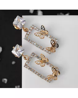 Серьги со стразами "Порхай" бабочки в прямоугольнике, цвет белый в золоте арт. СМЛ-106252-1-СМЛ0005049584