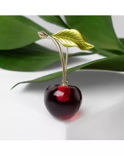 Брошь «Вишенка» с листочком, цвет бордово-зелёный в золоте арт. СМЛ-233791-2-СМЛ0005330693