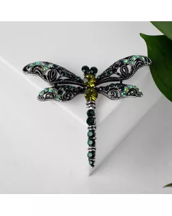 Брошь "Стрекоза" ажурная, цвет чёрно-зелёный в чернёном серебре арт. СМЛ-223439-1-СМЛ0005361242
